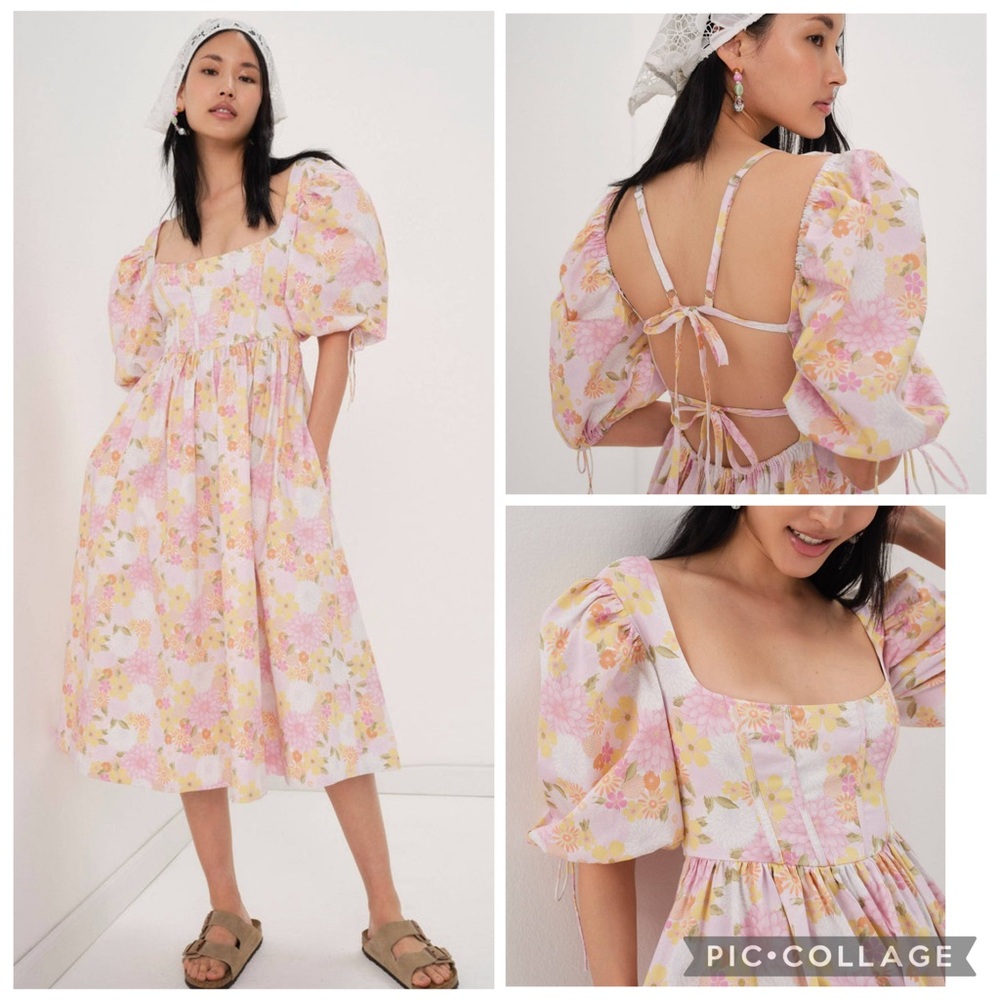 For Love & Lemons Carrie Midi Dress XS Pink Floral Puff Sleeve Corset Sundress